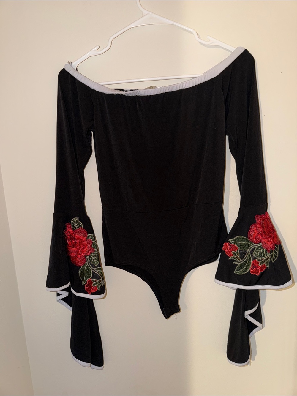 Topia Black Off-Shoulder Bodysuit with Red Rose Embroidery